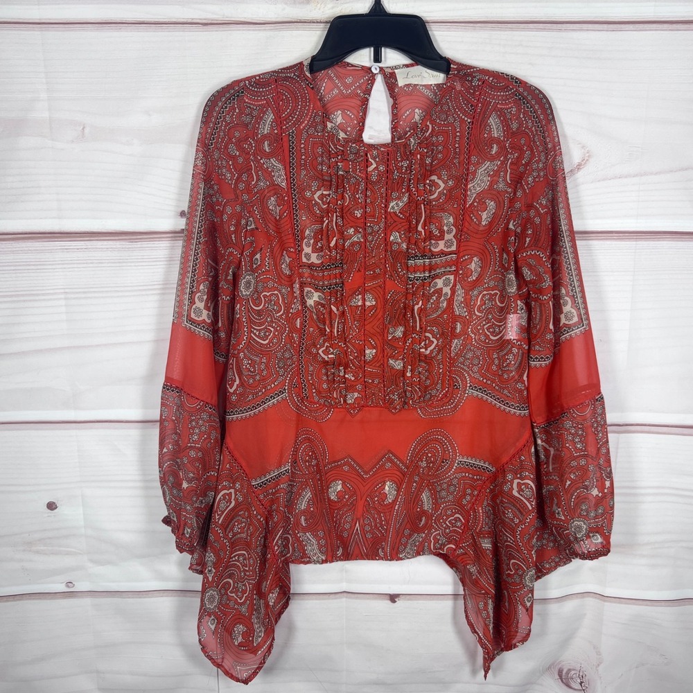 Love Sam Blouse Women XS Red Paisley Ruffle Sheer Peasant Asymmetrical Flowy Top